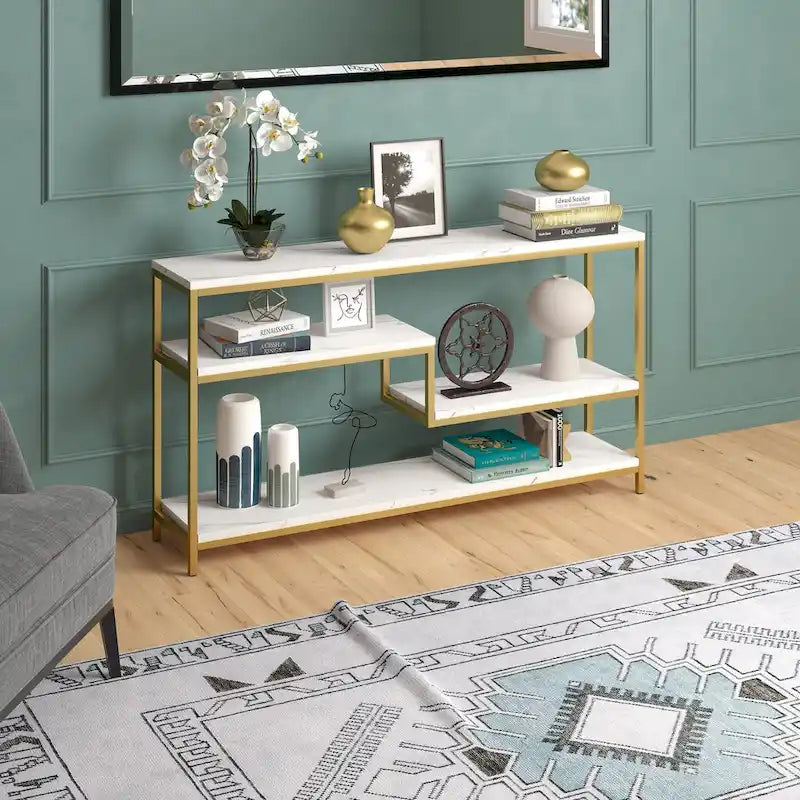 Console rectangulaire de 140 cm de large avec plateau imitation marbre