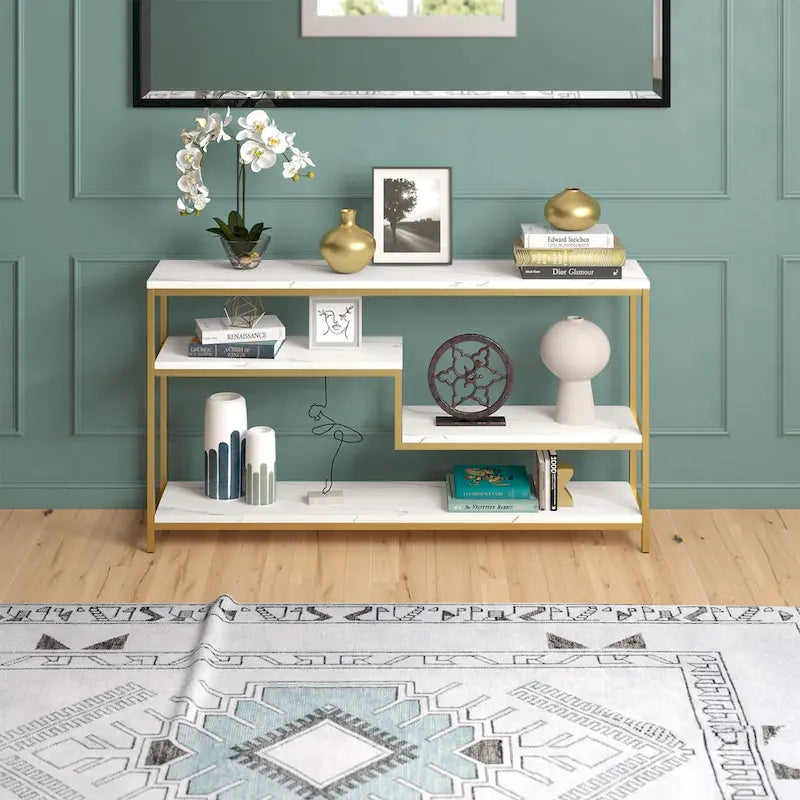 Console rectangulaire de 140 cm de large avec plateau imitation marbre