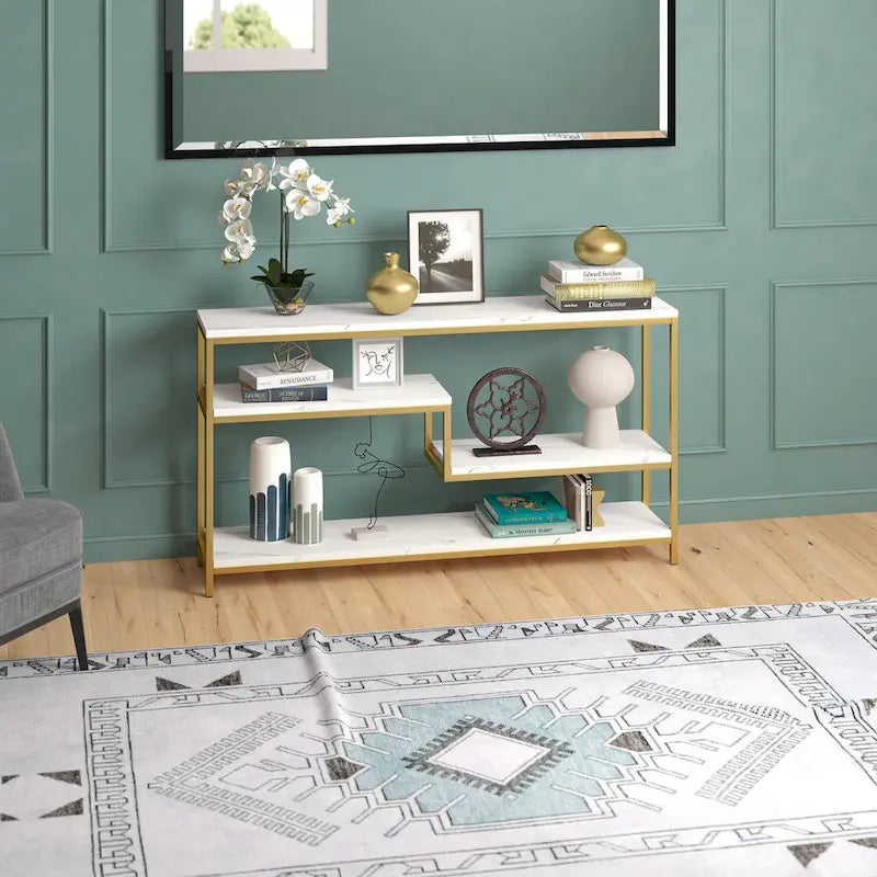 Console rectangulaire de 140 cm de large avec plateau imitation marbre