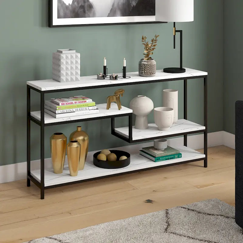 Console rectangulaire de 140 cm de large avec plateau imitation marbre