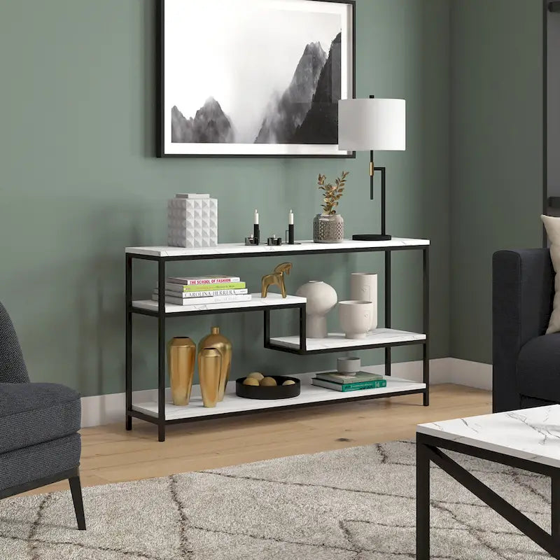 Console rectangulaire de 140 cm de large avec plateau imitation marbre