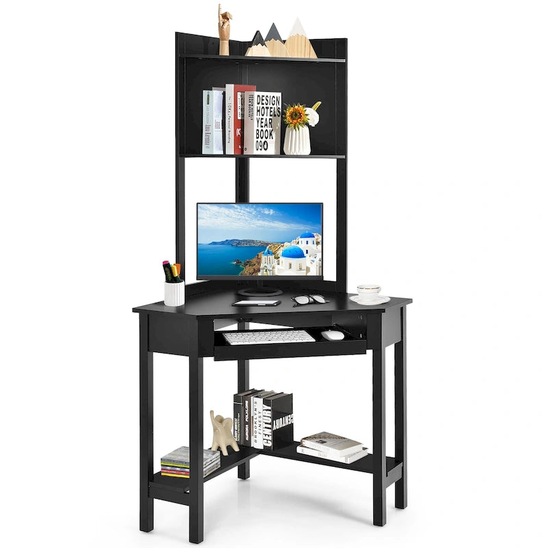 Bureau d'angle avec huche Bureau informatique d'angle triangulaire avec étagères