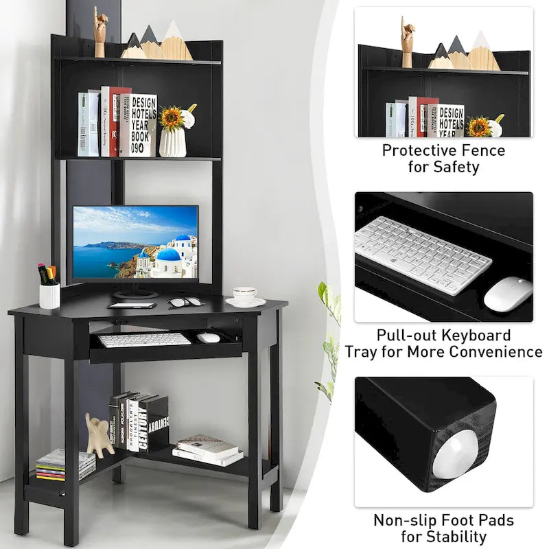 Bureau d'angle avec huche Bureau informatique d'angle triangulaire avec étagères