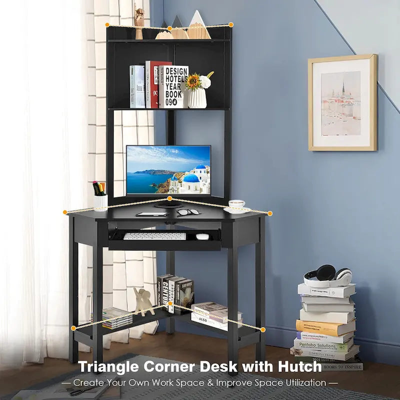 Bureau d'angle avec huche Bureau informatique d'angle triangulaire avec étagères