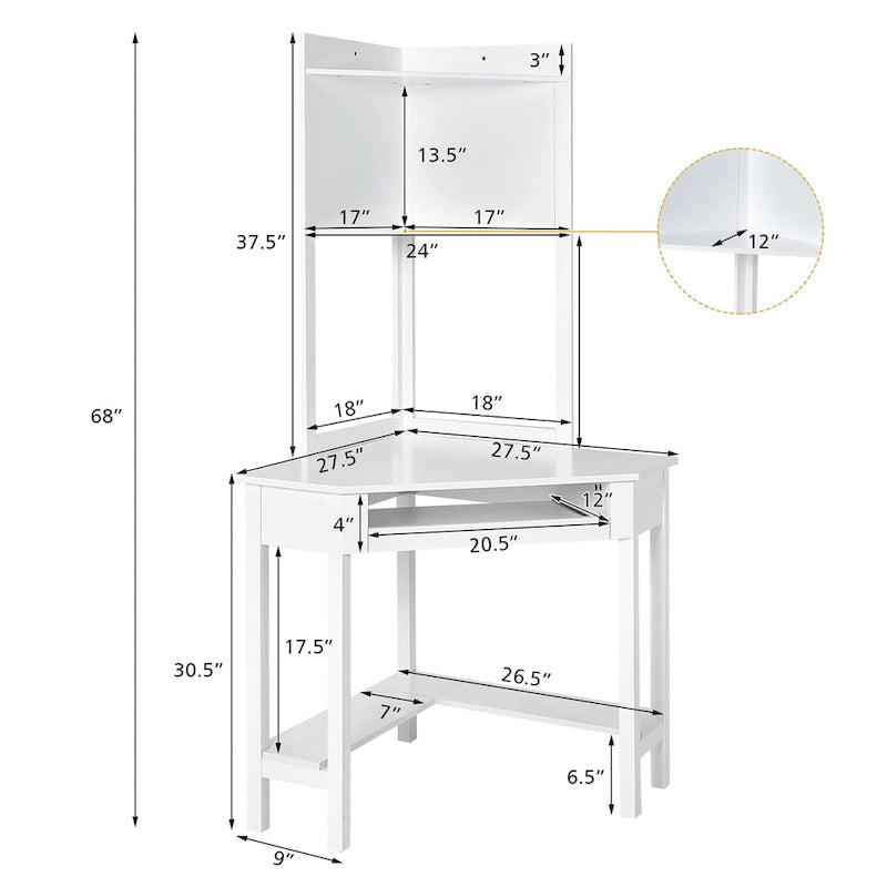 Bureau d'angle avec huche Bureau informatique d'angle triangulaire avec étagères