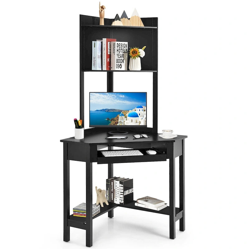 Bureau d'angle avec huche Bureau informatique d'angle triangulaire avec étagères