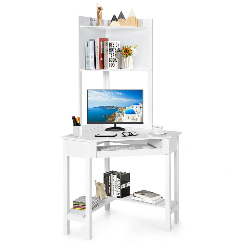 Bureau d'angle avec huche Bureau informatique d'angle triangulaire avec étagères