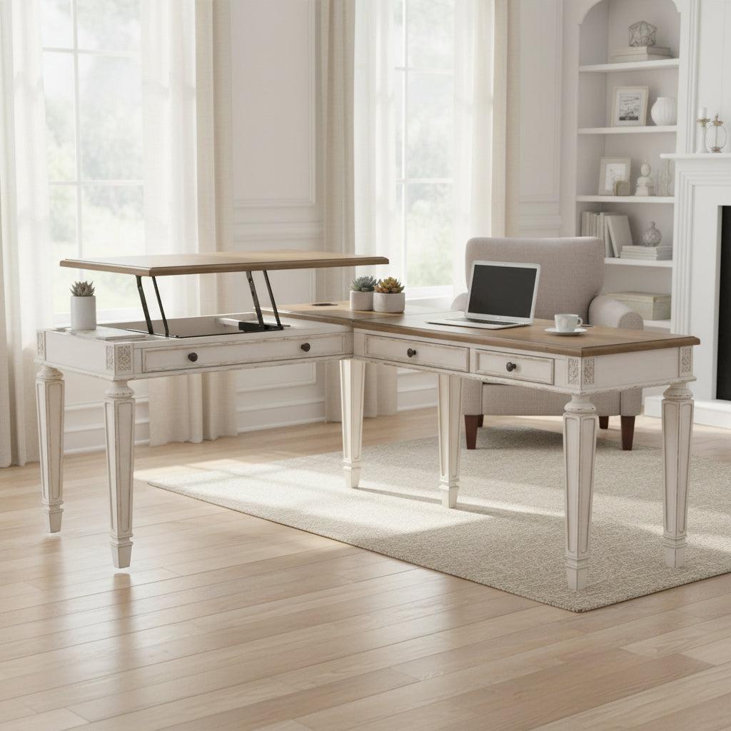 Realyn Antique White/Brown 2-Piece Home Office Lift Top Desk