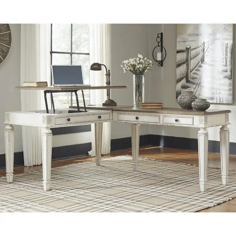 Bureau à plateau relevable 2 pièces pour bureau à domicile, blanc/marron antique