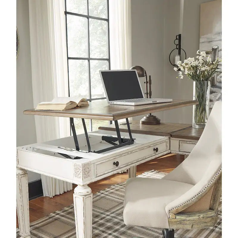 Bureau à plateau relevable 2 pièces pour bureau à domicile, blanc/marron antique