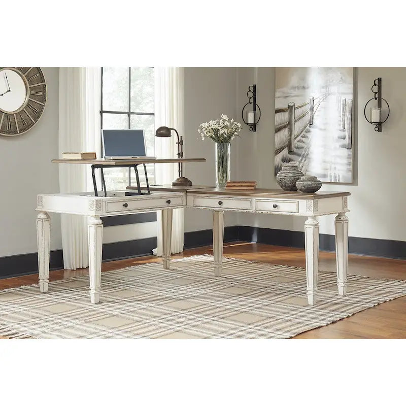 Bureau à plateau relevable 2 pièces pour bureau à domicile, blanc/marron antique