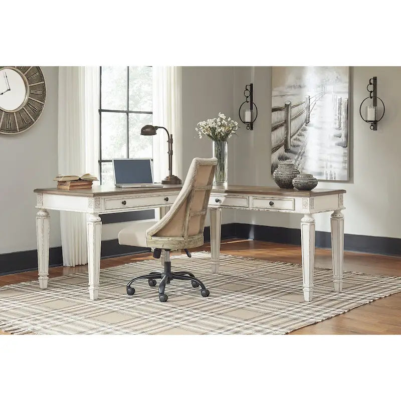 Bureau à plateau relevable 2 pièces pour bureau à domicile, blanc/marron antique