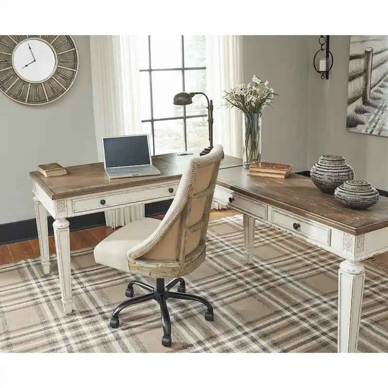 Bureau à plateau relevable 2 pièces pour bureau à domicile, blanc/marron antique