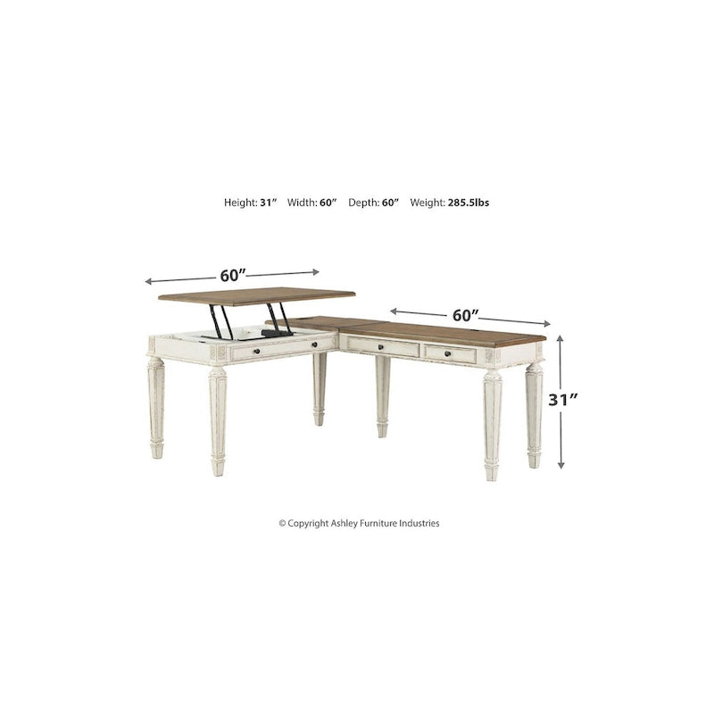 Bureau à plateau relevable 2 pièces pour bureau à domicile, blanc/marron antique