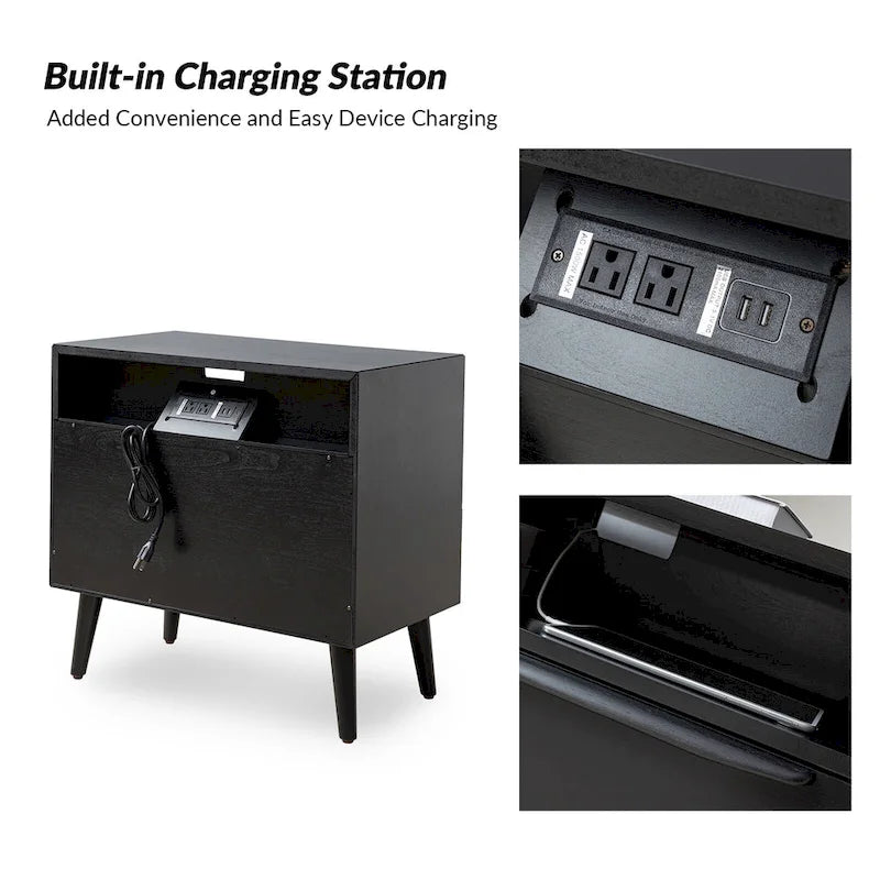 Table de chevet moderne du milieu du siècle à 2 tiroirs avec prises de courant et ports USB intégrés