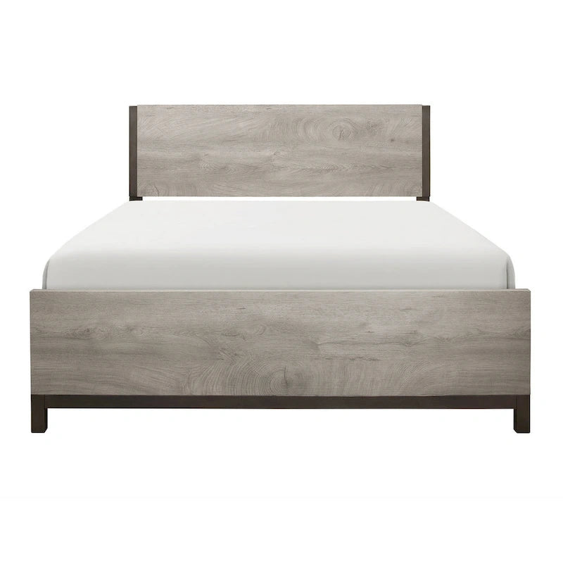 Grand lit, accents finition métal peint, cadre en bois gris clair