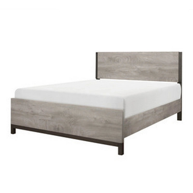 Grand lit, accents finition métal peint, cadre en bois gris clair