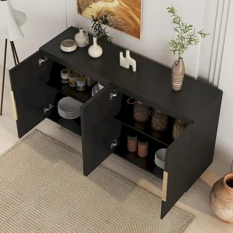 Buffet de rangement, Grand buffet cannelé avec étagères réglables, Crédence, Console de meuble d'appoint