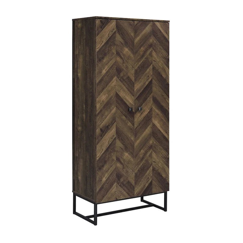 Armoire haute 2 portes de 180 cm, pieds patins, bois marron chevron