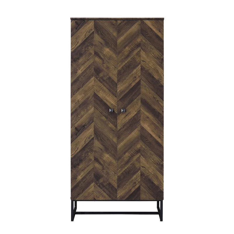 Armoire haute 2 portes de 180 cm, pieds patins, bois marron chevron
