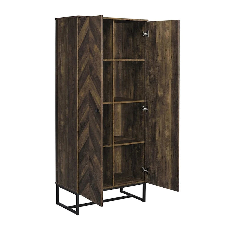 Armoire haute 2 portes de 180 cm, pieds patins, bois marron chevron