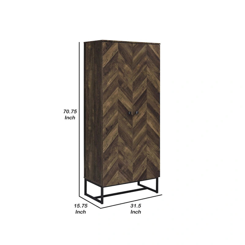 Armoire haute 2 portes de 180 cm, pieds patins, bois marron chevron