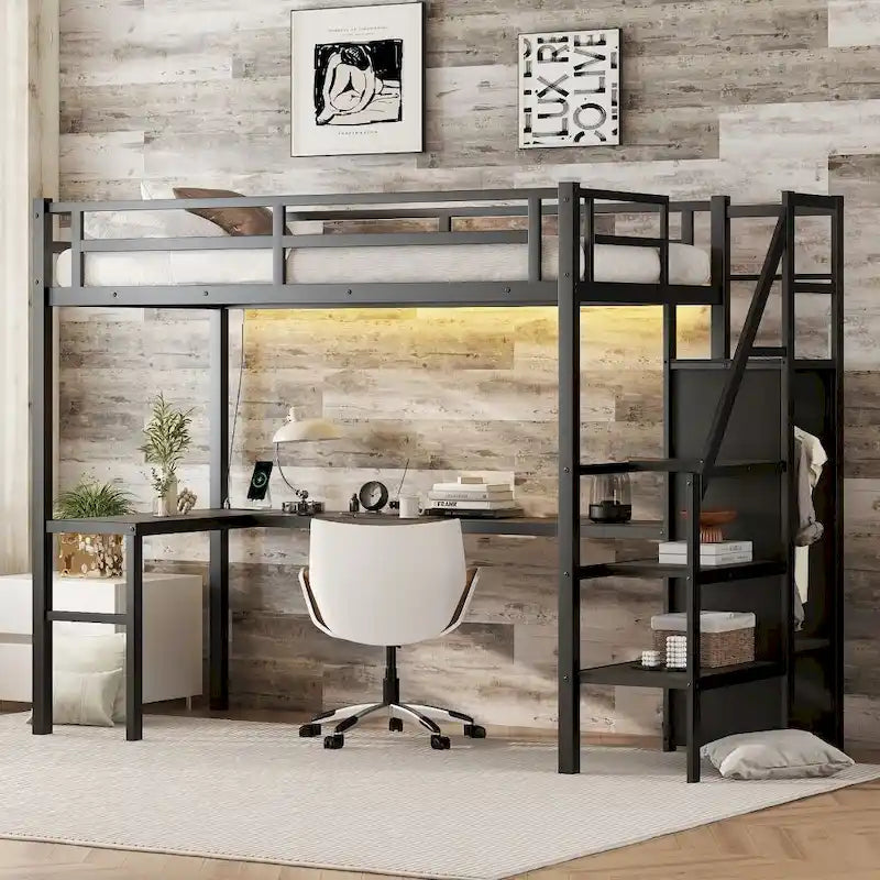 Lit mezzanine en métal avec bureau en L et port USB